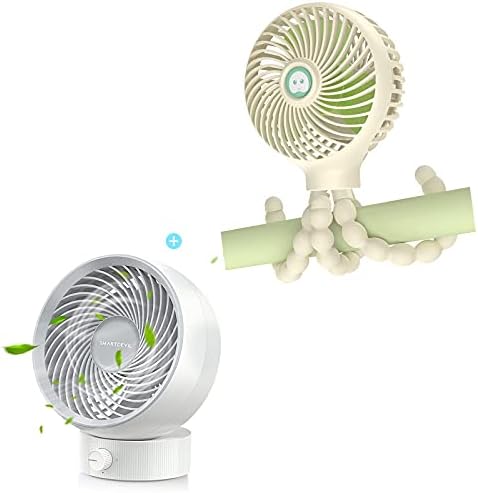 SmartDevil 2 комплекта вентилатор, Малък Персонален настолен вентилатор и вентилатор за колички, 3 Скорости, Преносим Вентилатор за детска количка с гъвкав статив, Прено