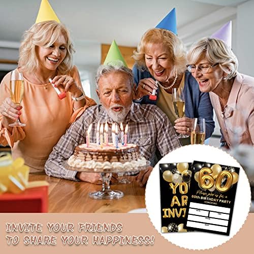 покани Картички на парти в чест на 60-годишнината на Черно-Златно Покана за Рожден Ден за възрастни, Двустранни покани за мъже/жени, заполняемые въздушни топки от зл?