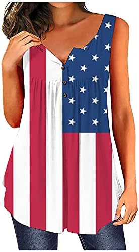 ticcoy Лятна Туника Блузи за Жени с Принтом Американския Флаг, Тениска С Рюшами, V-Образно деколте, Тениски Без Ръкави