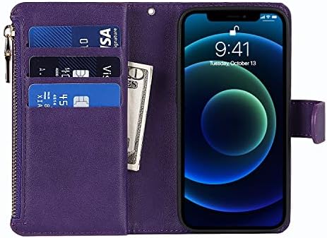 Чанта-портфейл Jaorty, съвместим с калъф iPhone 12 Mini, [9 слотове за карти] [Каишка за китката] [Функция на каботажните] Джоб за брой с цип, Магнитна Кожен калъф, устойчив на уд