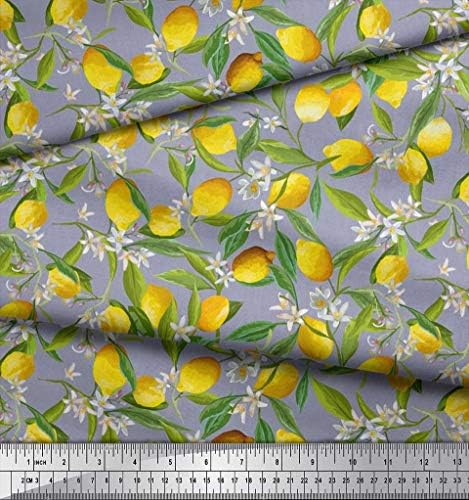 Памучен плат от поплин Soimoi с принтом листа, цветове и лимон ширина 42 инча