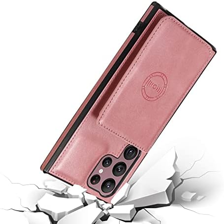 W WINTMING е Съвместим с Samsung S23 Ultra Чанта-портфейл с държач за карти, Магнитен Калъф от изкуствена кожа със стойка, Защитен калъф с джапанки на китките за Galaxy S23 Ultra от Розо