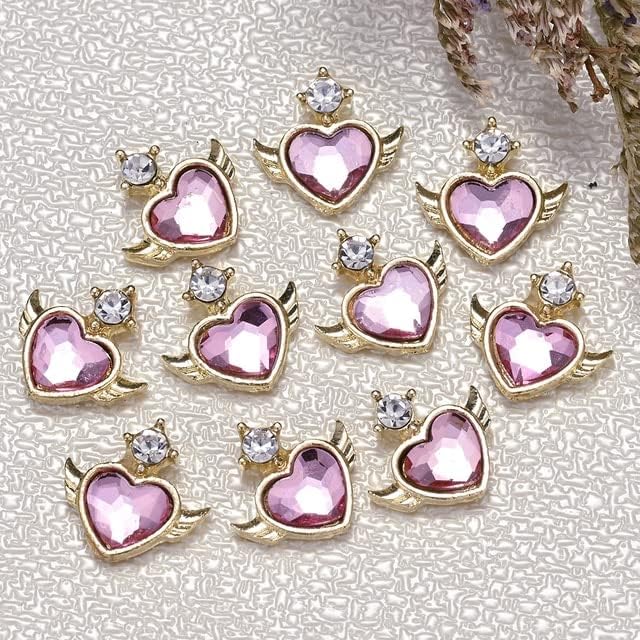 10 бр. Кавайные 3D Окачване за нокти във формата на сърце, Бижута, Розови Цветни Блестящи Кристали, Луксозни Аксесоари