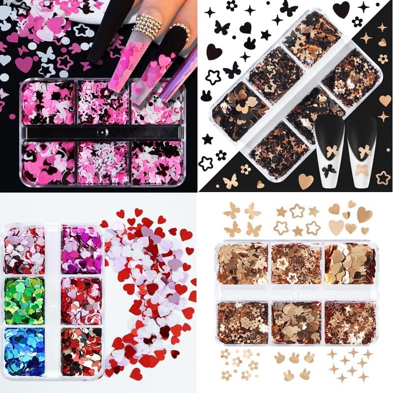 6 мрежи Многоцветни Пайети за нокти Love Butterfly Различни Форми, Блестящи Люспи за Дизайн на нокти, Декорации за нокти