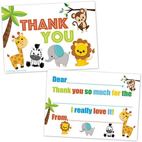 Old Blue Door Кани на Сафари в зоологическата градина на Джунглата, Животни, Децата Изпълват Благодарствени картички - (20 парчета с конвертами) - Благодаря бележки за момч