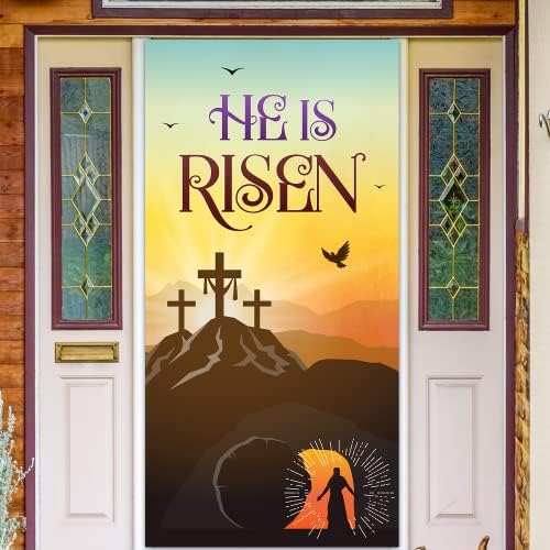 Вратата корица Той Възкръсна -Аксесоари за честит Великден, Окачен фон за врати на Исус за Религиозен украса на Възкресението (Врата Банер)