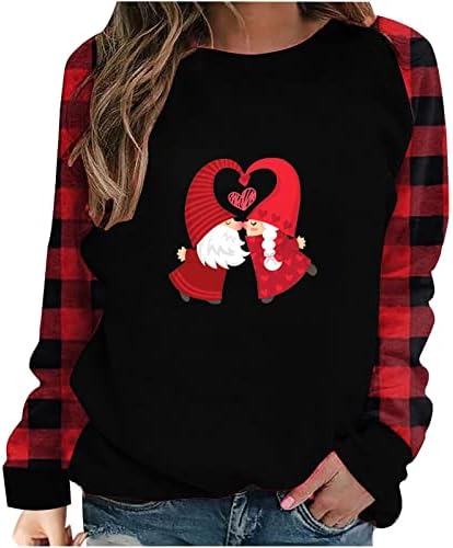 Ризи за Свети Валентин Дамски Блуза Love Heart Графична Тениска С Дълъг Ръкав Срастването Buffalo Кариран Пуловер Топ Туника