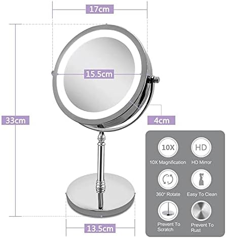 FXLYMR Десктоп Огледало За Грим Огледало 7-инчов и 10-Кратно Увеличение на Кръгло Двустранно Led Въртящо се На 360 Градуса Козметично Огледало Поставка-Лупа