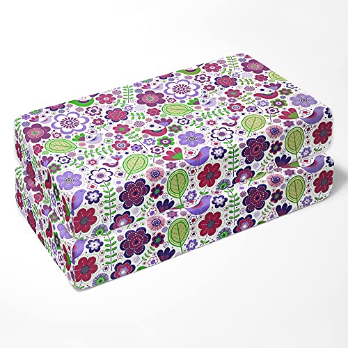 Bacati - 2 опаковки чаршаф за яслите - Меки дишащи бебешки кърпи от памук и перкаля с ботанически цветни птици,