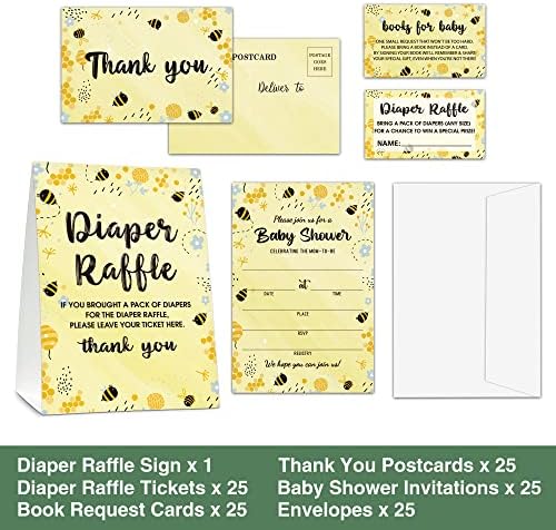 Набор от картички за бебе душ - Комплект Bumble Bee от 25 покани за детски душ с Конвертами, знаци за равенство на памперси и билети, картички, с благодарност, Карти с изиск