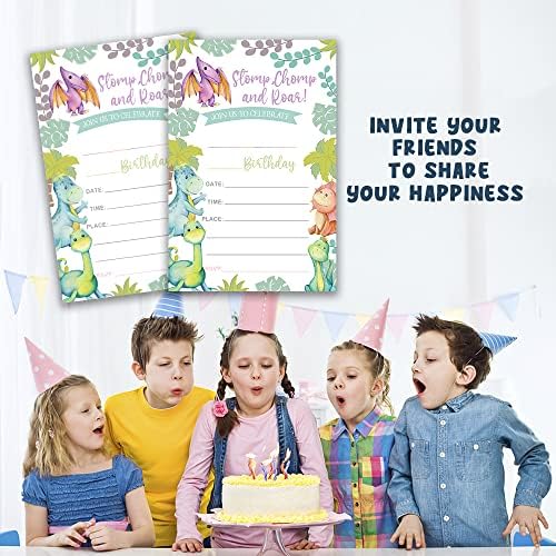 Покана за рожден ден Grace Yonks Stomp Chomp&Roar Party, 20 Покани и Пликове за покани на рожден ден, на всяка възраст, Аксесоари за парти в чест на рождения Ден на динозавъра.(098)