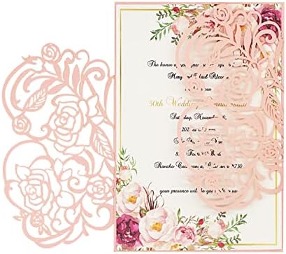 Auiocny 20 бр. Романтични розови рози, изрязани с лазер, сватбени покани, картички, джобове 5 x 7,28, с празни Вътрешен лист и лента, пликове, за булчински душ, партита по пово