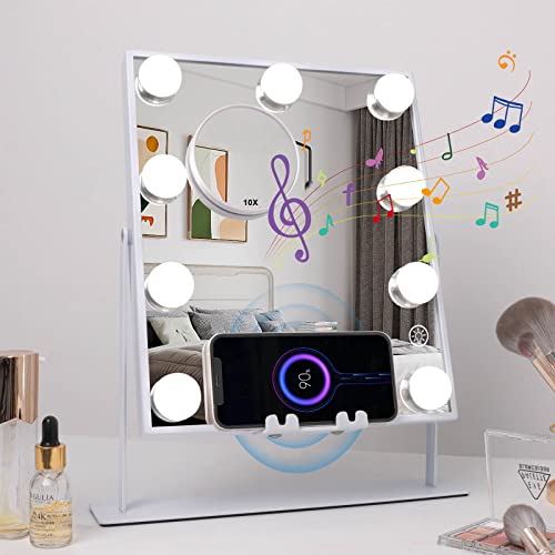 Тоалетен огледало с осветление Fenair с Bluetooth и безжична зареждане, Огледало за грим с подсветка и 10-кратно увеличение, Огледало за грим с подсветка и 9 светодиодни кру?