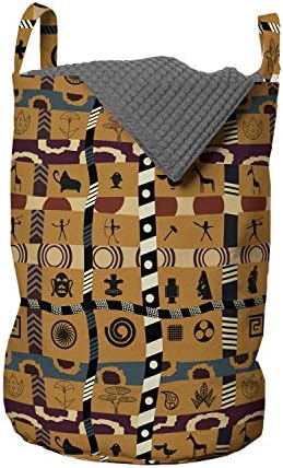 Ретро Tribal чанта за дрехи Ambesonne повтарящ Се Модел в стил праисторическо изкуство Ботаника на човека и на животните, Кошница за дрехи с дръжки, Закрывающаяся на шнур, ?