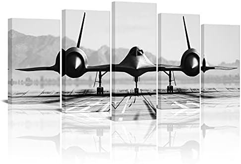 ArtKissMore Черно-бял Стенен монтаж Арт Декор под формата на самолет, 5 теми, Ретро Военен Самолет, който Седи на Писта ивица, Щампи върху Платно, Стенно Изкуство, Растянут
