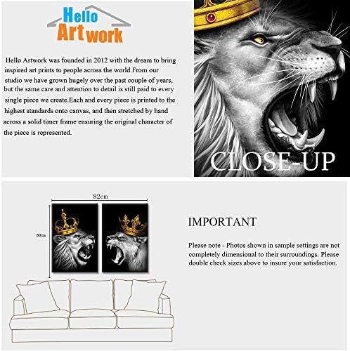 iHAPPYWALL Комплект от 2 теми, Двойка Лъвове, Платно, Стенно изкуство, Черно-бял Лъв и Лъвица, Златна Корона, Крал, Боядисване с животни, Произведение на Изкуството за Спал