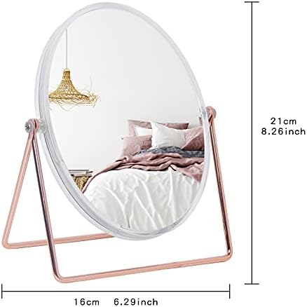 Стъклена Тоалетен огледало с поставка - Огледало за грим с двойно Странична масичка с 1X/2X увеличение (Розово злато)