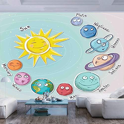 77x55 инча Стенни картини, Сладък Карикатура на Слънцето и Планетите в Слънчевата система Забавно Небесна карта За малки