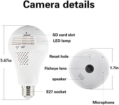 Камера с крушка, Панорамна Камера на 360 Градуса, Домашна Камера с Full HD 1080P, Wi-Fi Камера на 2.4ghz с SD-карта 16G,