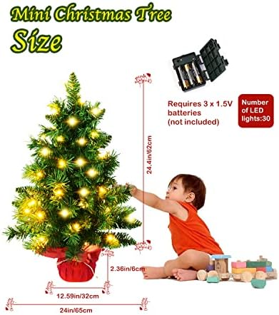 24-Инчов Предварително осветени Изкуствена мини Коледно дърво, Настолна коледно дърво Vlorart Малка Изкуствена Коледна