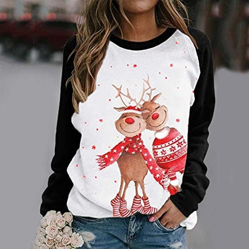 Коледна Риза за жени 2022, Стилна Hoody-Raglan с кръгло деколте и Дълъг Ръкав, Пуловер, Тениска в Клетка с Коледен Дизайн