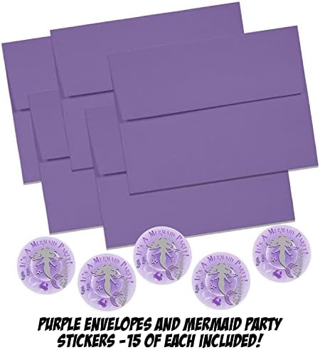Покани за парти в стил русалка от Цигански Jade - Големи лилави подводни покани с размер 5 х 7 инча - 15 покани + 15 пликове лавандула цвят + 15 стикери в пакета! Произведено ?