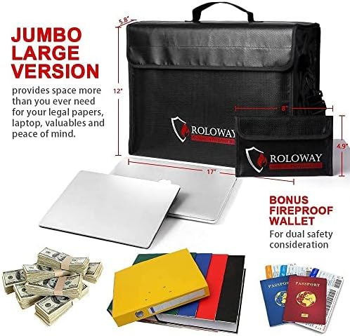 ROLOWAY Steel Small Money Safe Box black с огнеупорным чанта за пари и голям огнеупорным чанта за документи (17 x 12