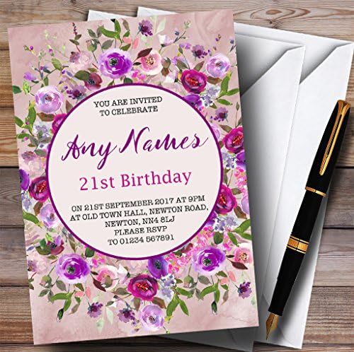 Пощенска картичка Zoo Розово-Лилаво Акварелни Цветни Покани за участие в 21-ия Персонализирани Рожден Ден