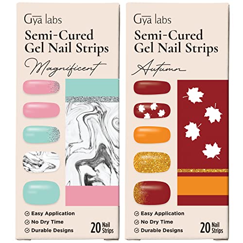 Комплект стикери за нокти Gya Labs - Трайни нокти за жени - Ленти за нокти с Наполовина отвержденным гел (20 бр) - Набор от Стикери за дизайн на ноктите | Marbles Magnificent & Seasonal Autu