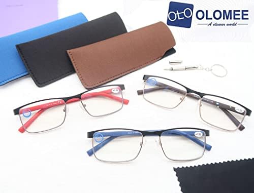 OLOMEE Очила За Четене на Жените и Мъжете Синя Светлина Блокер Ридеры Правоъгълни Мами Метална Дограма за 3 Опаковки