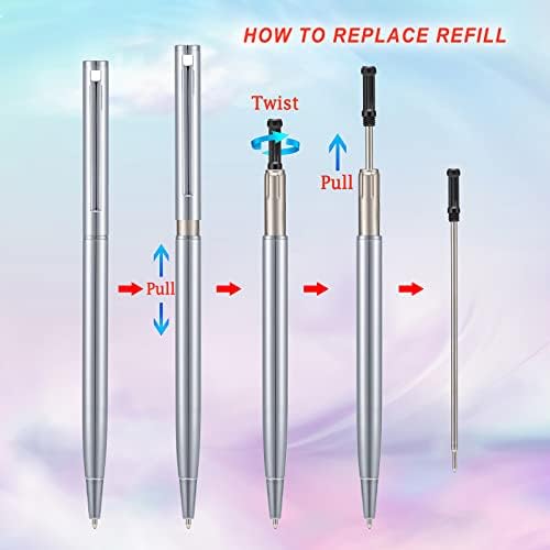 Wikult 6 Бр. Сребристо Метална Химикалка Писалка с 6 Допълнителни Заправками, Черно Мастило, със Средна Плътност 1 мм за Плавно Писане, Бизнес Офис Дръжка За Учител, Студ