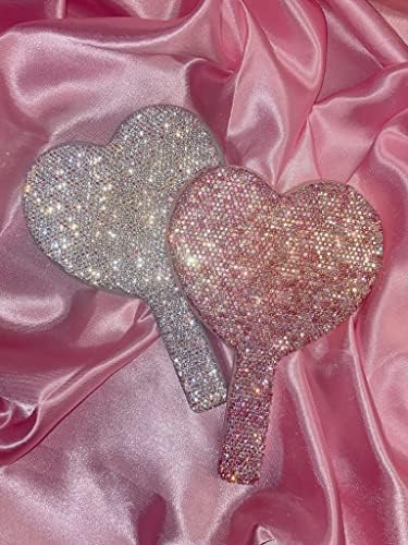 Ръчно огледало TISHAA Bling С кристали във формата на очарователния сърце, идеално за ретуш на грима в движение (розово)