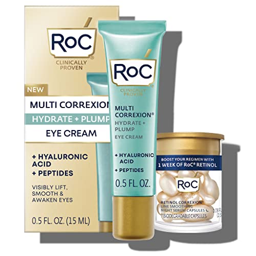 Анти-ейдж крем с Хиалуронова киселина RoC Multi Correxion под очите от подпухналостта и тъмните кръгове (0,5 грама) + Капсули с ретинол RoC (7 карата), Без ароматизатори и парабен