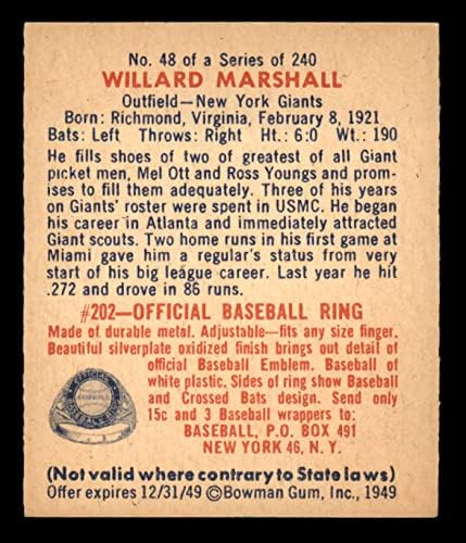 1949 Боуман # 48 Уилард Маршал Ню Йорк Джайентс (Бейзболна картичка) EX/MT Джайънтс