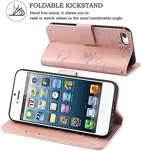 Чанта-портфейл от естествена кожа, калъф за телефон за iPhone 5/iPhone 5S, с отделения за карти с RFID заключване (розово злато)