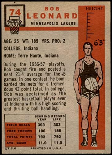 1957 Topps 74 Боб Леонард Минеаполис Лейкърс (баскетболно карта) VG Лейкърс Индиана