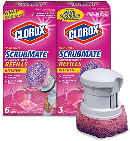 Разход на набор от ръчни кухненски скрубери, Clorox ScrubMate; Включва в себе си 9 сменяеми скреперна тампони без белина; Почиства твърди замърсяване