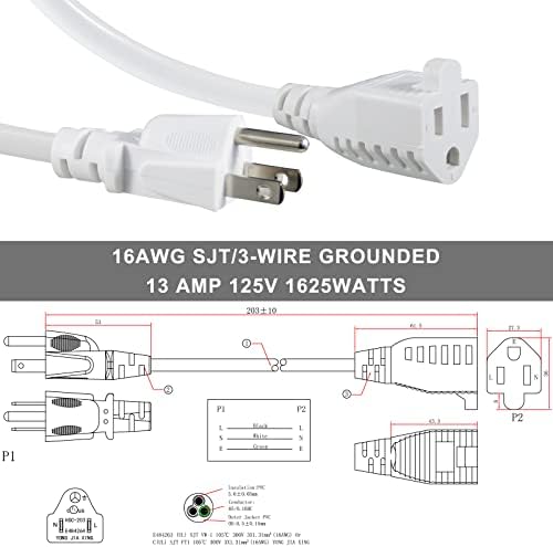 Кратък удължителен кабел за захранване KUNCAN - 8 инча, заземленная гнездо с 3 шипа, икономичен захранващия кабел 16AWG