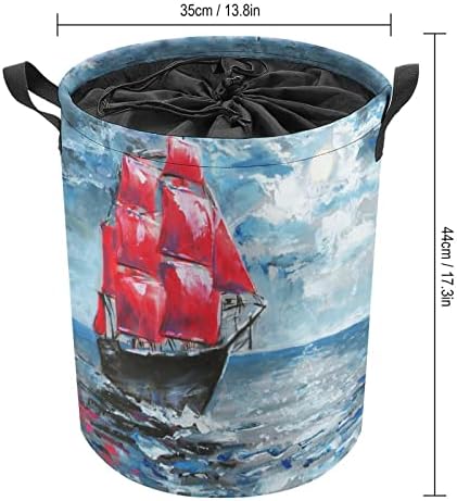 Картина с маслени бои Кораб в океана, Кръгла Чанта за дрехи, Водоустойчив Кошница За Съхранение с Завязывающейся капак и дръжка