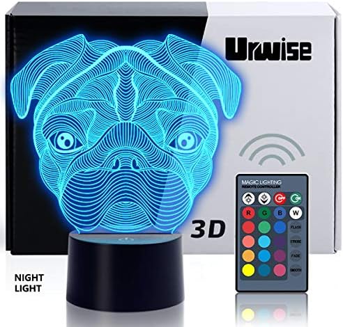 Urwise 3D лека нощ, 3D лека нощ с Мопс, 16 Цвята, което променя Лампа с Дистанционно Управление, детски Играчки във формата