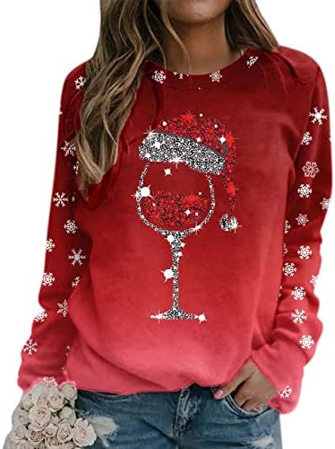 WOCACHI Женски Чаша Червено Вино Коледна Hoody Забавен Коледен Пуловер Коледна Шапка на Дядо Графична Блуза, Тениска Върховете