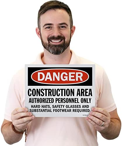 SmartSign (опаковка от 5 броя) 9 x 12 см Знак OSHA Опасна зона строителството, само за оторизиран персонал, Трябват каски, защитни очила, Ситопечат, 10-мм стиропор, червено / чер?