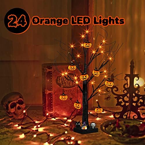 PEIDUO 2-подножието Черна коледна Елха на Хелоуин с 24 оранжеви светлини и 8 Декорации във формата на тикви за Хелоуин Светва Дърво Бонзай с Таймер за украса за Хелоуин в
