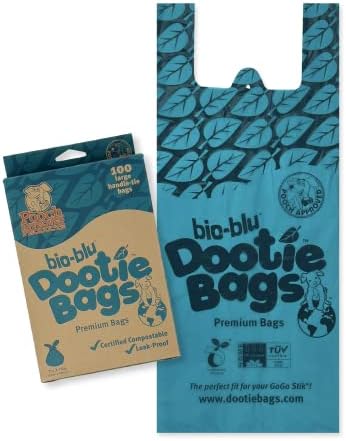 Торбички за какашек Bio-Blu Dootie Bags®, Сертифицирани за компостиране премиум-клас със среден размер, с вързани на дръжки E-Z, Силни, запечатани, брой 100. Подходящ за ковшико