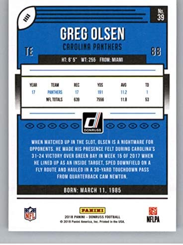 2018 Donruss Football 39 от Грег Олсън Каролина Пантерс Официалната търговска картичка NFL