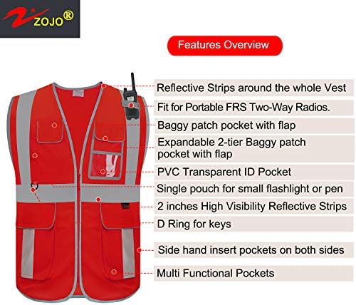 Жилетка за безопасност zojo Повишена видимост, Отразяваща, с Многофункционални джобове и цип, за работа с мъже и жени