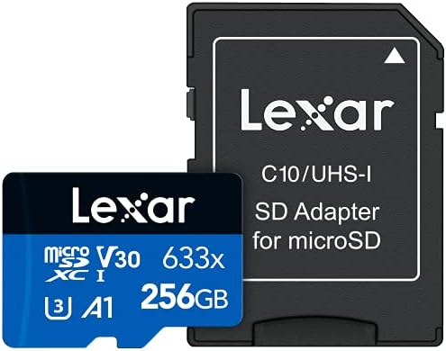 Високоефективна карта Lexar microSDXC UHS-I 633x256 GB с адаптер SD, C10, U3, V30, A1, видео във формат Full HD и 4K, скорост на четене до 100 МВ/с, за смартфони, таблети и екшън камери (LSDMI256BBNL633A)