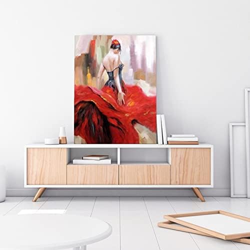 12x16 инча (30х40 см) Ръчно Художествена Живопис с маслени Бои Танцьорка на Фламенко Испански Циганин Ярко Червена Рокля
