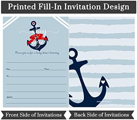 Покани за детски душ в морски стил в пликове (25 опаковки) Празни покани за момчетата, с китова топинг, като глътка - Тема котвата Синя и червена - Заполняемые карта за