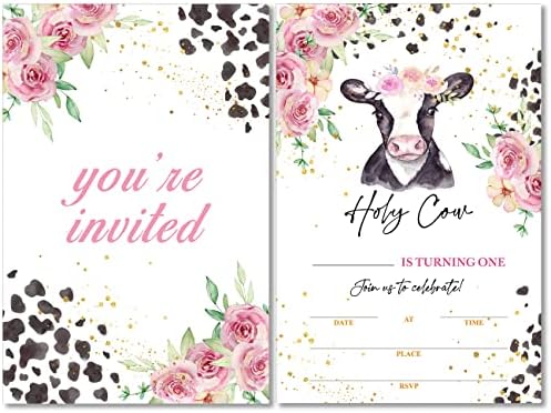Soiceu Цветя Покани на парти в чест на 1-ви рожден ден на Holy Cow I ' m One с конвертами Комплект от 20 Розови Покани